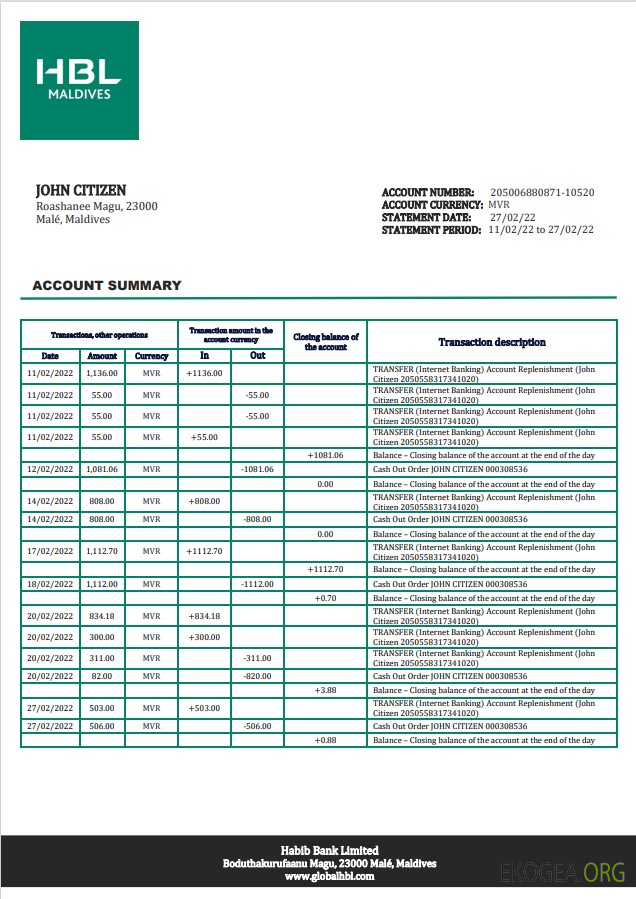 Relevé bancaire Maldives HBL template